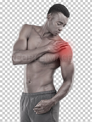 Buy stock photo Shoulder pain, red muscle and man for fitness, injury or healthcare isolated on transparent png background. Workout, exercise and sports accident of athlete, body builder or african person in overlay