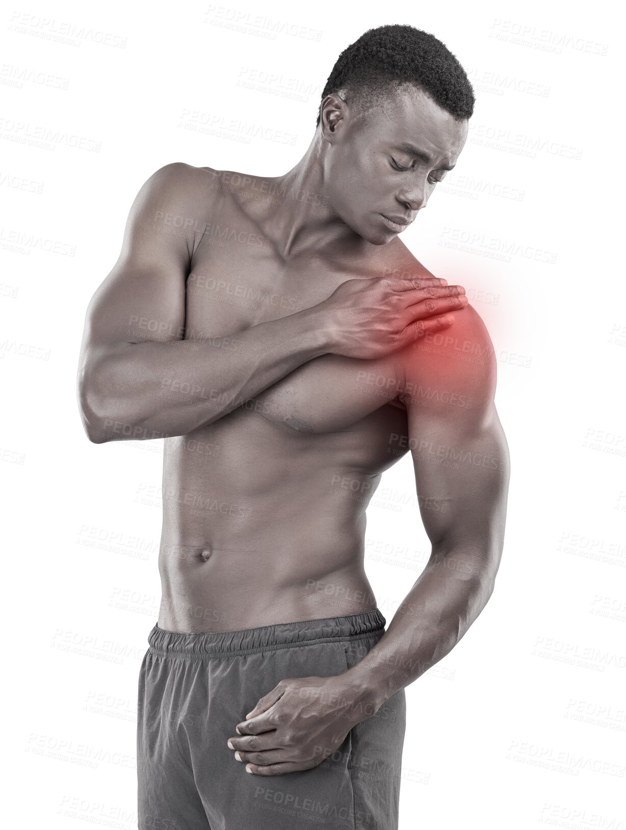 Buy stock photo Shoulder pain, red muscle and man for fitness, injury or healthcare isolated on transparent png background. Workout, exercise and sports accident of athlete, body builder or african person in overlay