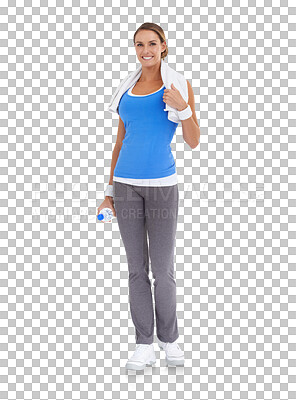 Buy stock photo Woman, water bottle and fitness, smile in portrait with hydration and health isolated on transparent png background. Mineral, wellness and female person with towel, workout and training with h2o 