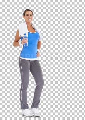 Buy stock photo Fitness, portrait of a woman with water and smile isolated against a transparent png background for training. Exercise or workout, sportswear and female person pose with bottle for health wellness