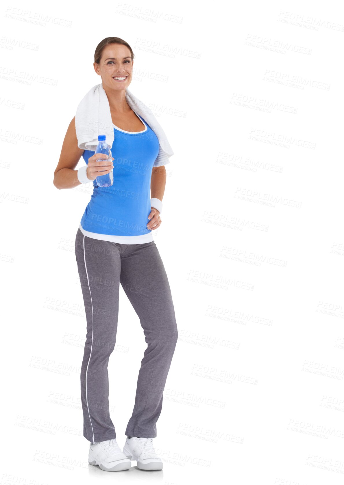 Buy stock photo Fitness, portrait of a woman with water and smile isolated against a transparent png background for training. Exercise or workout, sportswear and female person pose with bottle for health wellness