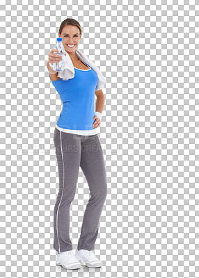 Buy stock photo Portrait, fitness towel and woman with water, smile and isolated on a transparent png background. Sports, bottle and athlete with drink for healthy nutrition after exercise, workout and training.