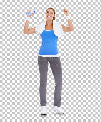 Buy stock photo Happy woman, celebration and winning in fitness success or exercise isolated on a transparent PNG background. Portrait of excited female person with fist in victory, achievement or workout motivation