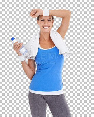 Buy stock photo Woman is tired from workout, water bottle and fitness, smile in portrait with hydration isolated on transparent png background. Sweat, health and female person with towel and training with h2o 