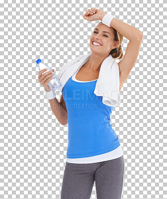 Buy stock photo Tired, water bottle and woman wipe sweat isolated on a transparent png background. Happy, fatigue and sweating athlete with drink for healthy nutrition after exercise, workout or training for fitness