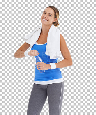 Buy stock photo Isolated woman, bottle and portrait for fitness, hydration or relax at workout by transparent png background. Girl, model or personal trainer with water, towel and happy at training, exercise or body