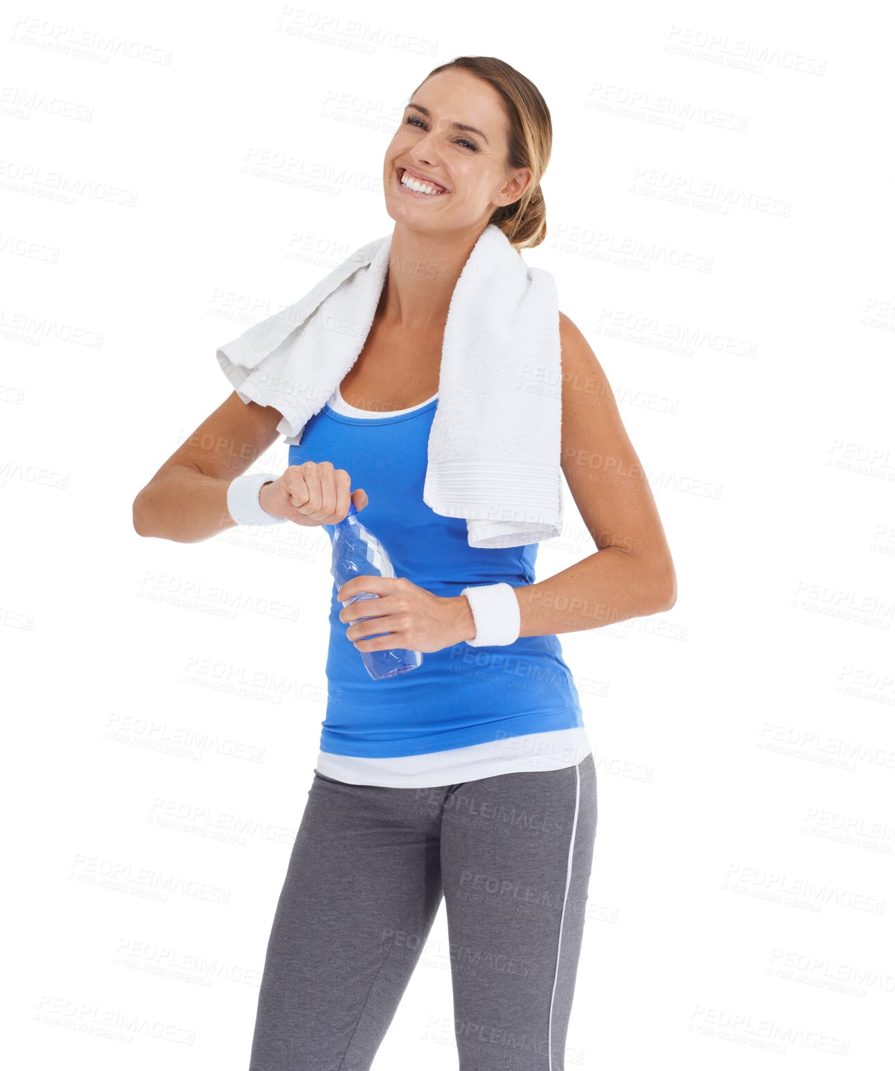 Buy stock photo Isolated woman, bottle and portrait for fitness, hydration or relax at workout by transparent png background. Girl, model or personal trainer with water, towel and happy at training, exercise or body