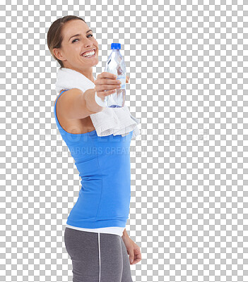 Buy stock photo Portrait, exercise towel and woman with water isolated on a transparent png background. Sports, bottle and happy athlete with drink for healthy nutrition after workout, fitness or wellness training.