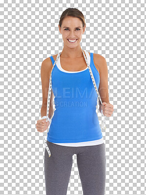 Buy stock photo Fitness portrait, measure tape and happy woman for lose weight, health workout and training results. Athlete, person or model smile for sports or exercise goals isolated on transparent png background