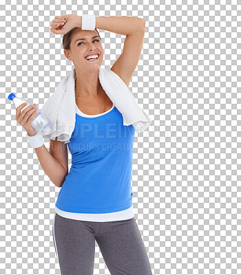 Buy stock photo Fitness, tired and woman with towel and water on isolated, PNG and transparent background. Sports, wellness and happy female model with bottle sweating for exercise, training and cardio workout