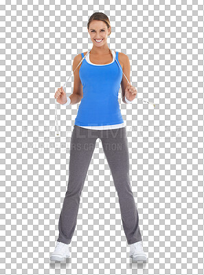 Buy stock photo Woman, fitness and tape measure, lose weight and health with progress and change isolated on transparent png background. Healthy, active and weightloss with diet, female person smile and exercise