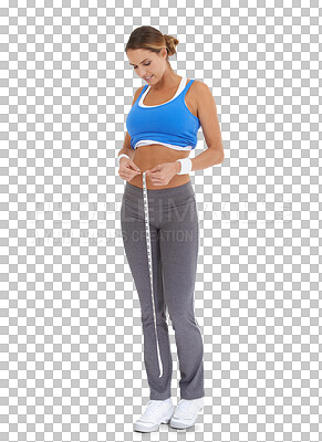 Buy stock photo Stomach, measure tape and woman for lose weight results, gut health exercise or training progress. Person or workout model check liposuction, diet or body goals isolated on transparent png background