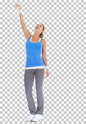 Buy stock photo Fitness, success and woman with tape or happy in png or isolated and transparent background. Diet, female trainer and weightloss for wellness or happiness with workout for healthy body with exercise.