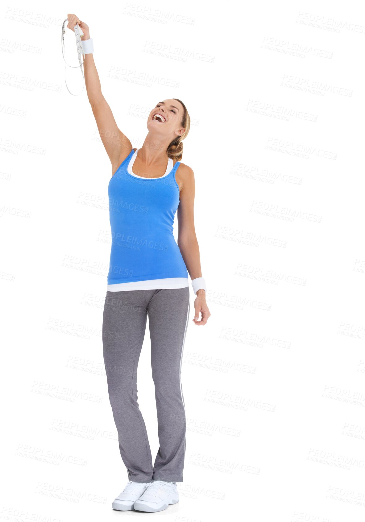 Buy stock photo Fitness, success and woman with tape or happy in png or isolated and transparent background. Diet, female trainer and weightloss for wellness or happiness with workout for healthy body with exercise.