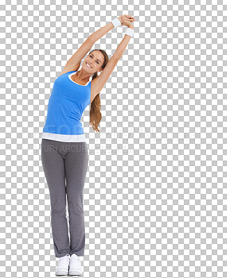 Buy stock photo Isolated woman, stretching and portrait for fitness, wellness and workout by transparent png background. Girl, model or personal trainer with self care, health and happy at training, exercise or body