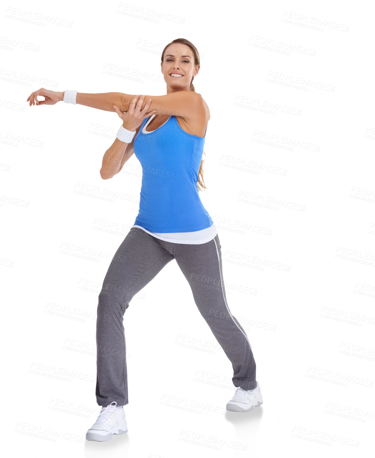 Buy stock photo Portrait, training and stretching with a sports woman isolated on a transparent background for health. Exercise, preparation and warm up with a female athlete getting ready for fitness on PNG