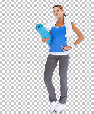 Buy stock photo Yoga mat, fitness and portrait of a young woman getting ready for a pilates or meditation exercise. Happy, smile and female athlete with workout equipment isolated by a transparent png background.