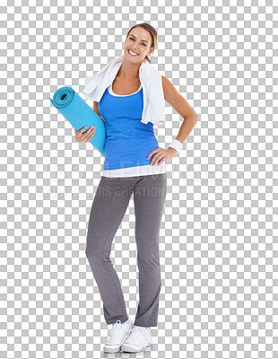 Buy stock photo Yoga, happy and body with portrait of woman on transparent background for fitness, workout and exercise. Health, wellness and pilates with person isolated on png for gym, training and performance 