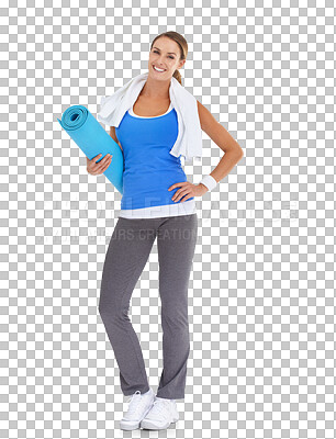 Buy stock photo Yoga, mat and portrait of woman with fitness, exercise and workout for body health and wellness. Sports fashion, gear and person for gym and pilates training isolated on transparent, png background