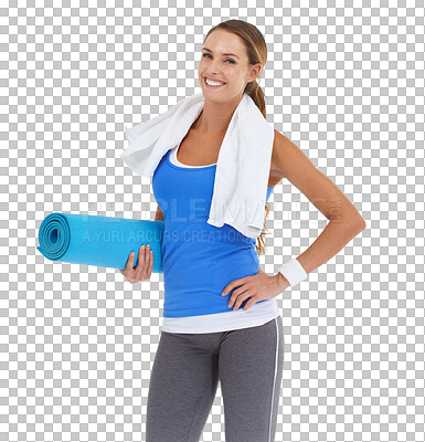 Buy stock photo Pilates, mat and portrait of woman with fitness, exercise and workout for body health and wellness. Sports fashion, gear and person for gym and yoga training isolated on transparent, png background