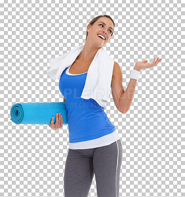Buy stock photo Fitness, showing and woman with towel and water on isolated, PNG and transparent background. Promotion, wellness and happy female model with yoga mat for exercise, pilates training and cardio workout