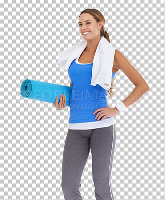 Buy stock photo Yoga, mat and woman thinking of fitness, exercise and workout goals, body health or holistic training. Sports, gear and happy person with ideas to start pilates isolated on transparent png background