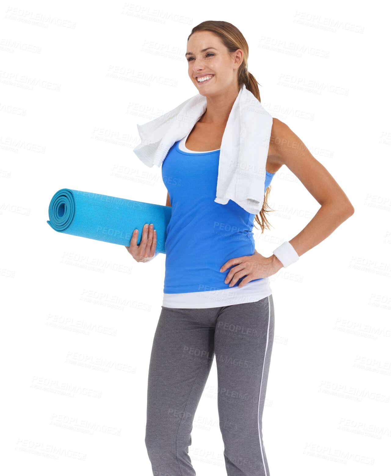 Buy stock photo Yoga, mat and woman thinking of fitness, exercise and workout goals, body health or holistic training. Sports, gear and happy person with ideas to start pilates isolated on transparent png background