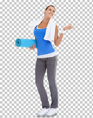 Buy stock photo Presentation, happy and woman with towel for fitness on isolated, PNG and transparent background. Sports, wellness and female model with yoga mat for advertising exercise, training and cardio workout