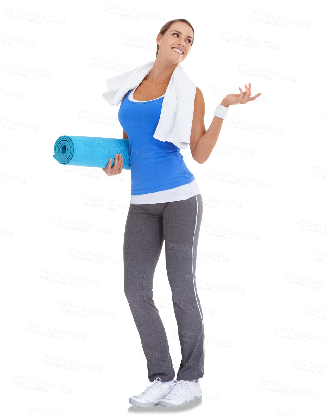 Buy stock photo Presentation, happy and woman with towel for fitness on isolated, PNG and transparent background. Sports, wellness and female model with yoga mat for advertising exercise, training and cardio workout