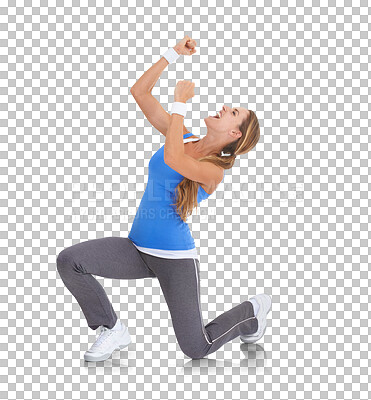 Buy stock photo Isolated woman, winner celebration and fitness with smile, success and fist in air by transparent png background. Girl, model or excited personal trainer with body goals, win or workout achievement