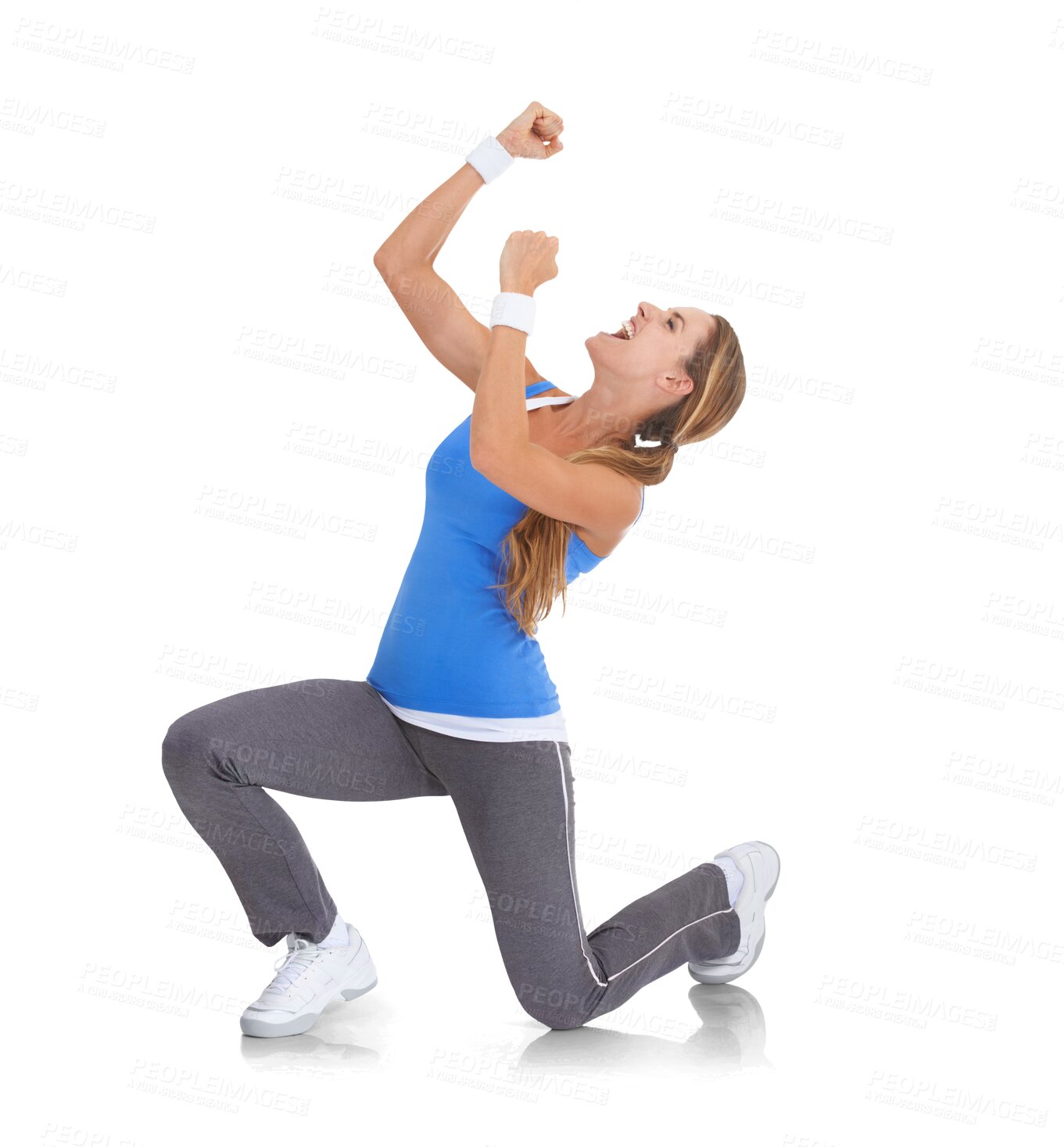 Buy stock photo Isolated woman, winner celebration and fitness with smile, success and fist in air by transparent png background. Girl, model or excited personal trainer with body goals, win or workout achievement