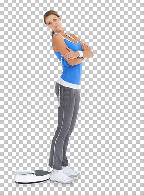 Buy stock photo Portrait, upset and woman with fitness, scale and model isolated against a transparent background. Female person, girl and athlete with weight loss, disappointed and unhappy with progress and png