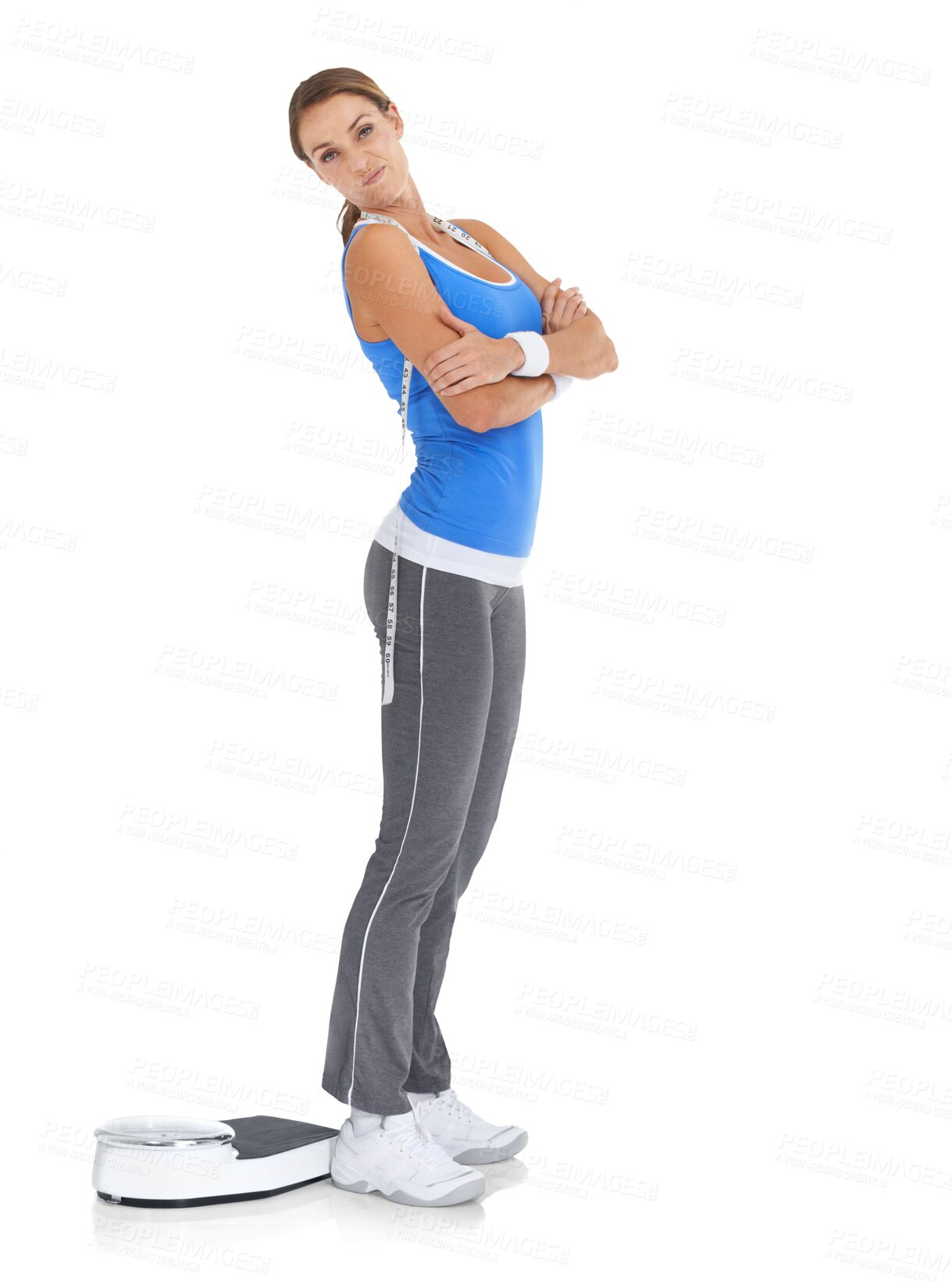Buy stock photo Portrait, upset and woman with fitness, scale and model isolated against a transparent background. Female person, girl and athlete with weight loss, disappointed and unhappy with progress and png