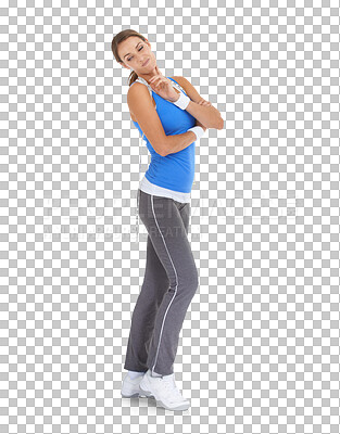 Buy stock photo Woman, thinking or tape measure on hip to lose weight isolated on transparent png background. Fitness, weightloss or healthy girl checking over shoulder or measuring body after training or workout