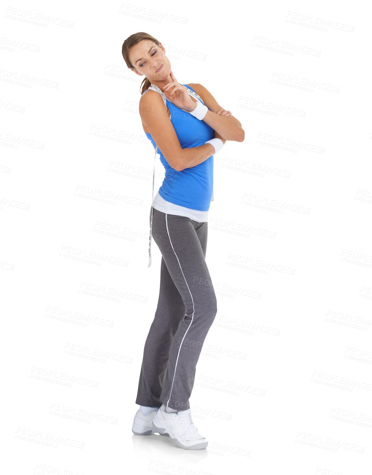 Buy stock photo Woman, thinking or tape measure on hip to lose weight isolated on transparent png background. Fitness, weightloss or healthy girl checking over shoulder or measuring body after training or workout