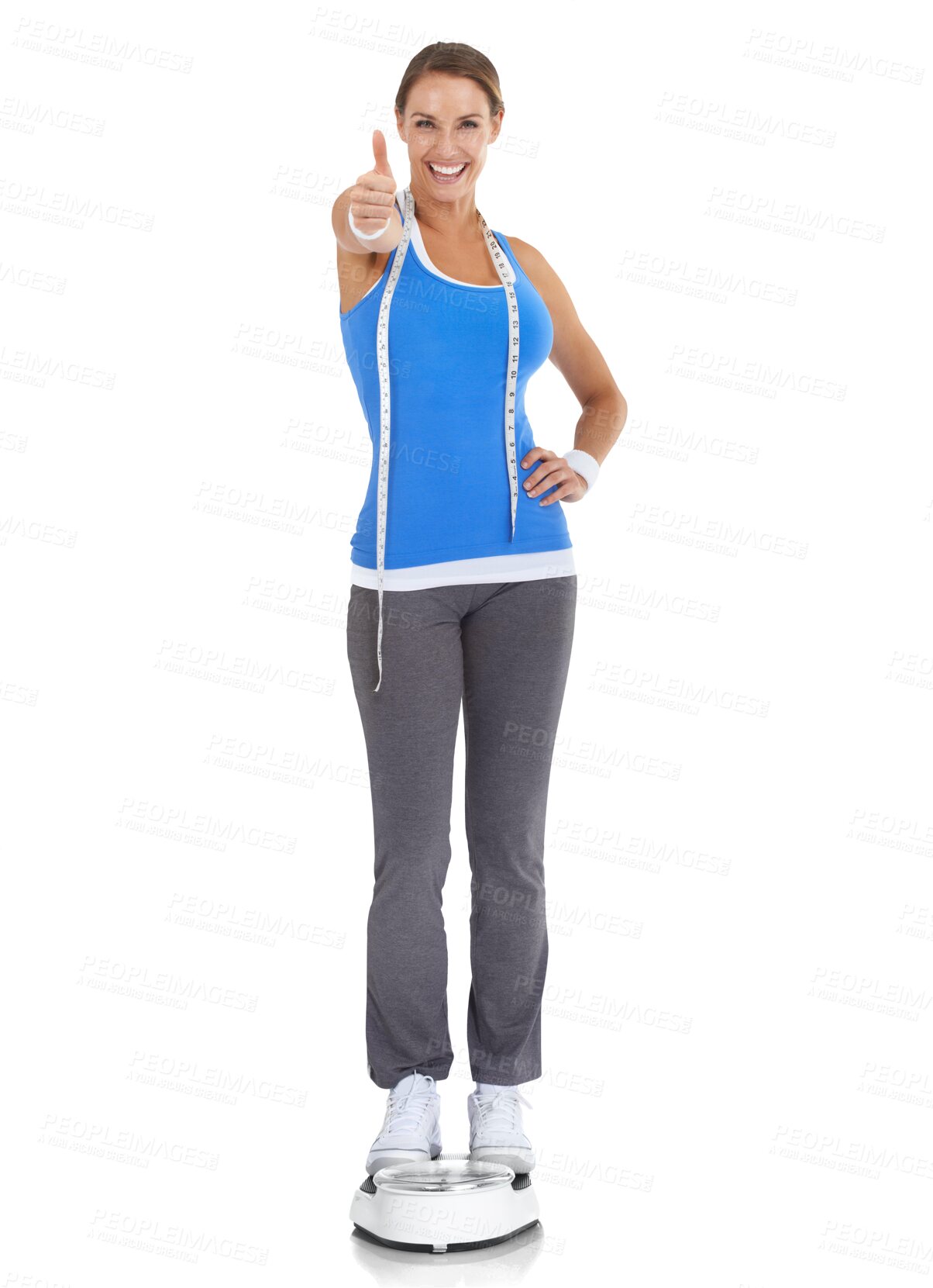 Buy stock photo Motivation, portrait of woman with thumbs up and with scale and isolated against transparent png background for success, Workout or training, measurement or weight and female person pose for progress