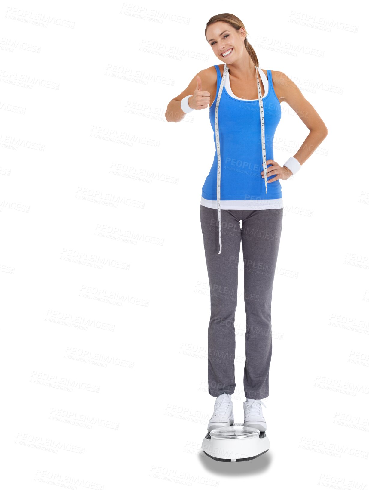 Buy stock photo Scale, thumbs up and woman portrait for fitness success, lose weight progress or body goals. Fitness person with measure tape, balance and diet with like emoji isolated on transparent, png background