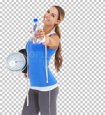 Buy stock photo Water bottle, scale and woman in portrait for fitness, exercise and workout nutrition, healthy diet and offer. Liquid product, giving and person for lose weight isolated on transparent png background