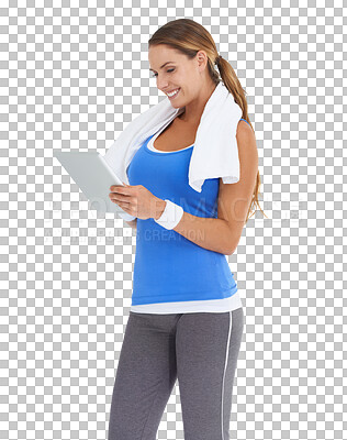 Buy stock photo Tablet, digital fitness and happy woman for health progress, exercise blog and tips or online gym membership. Training, sports workout and person search website isolated on transparent png background