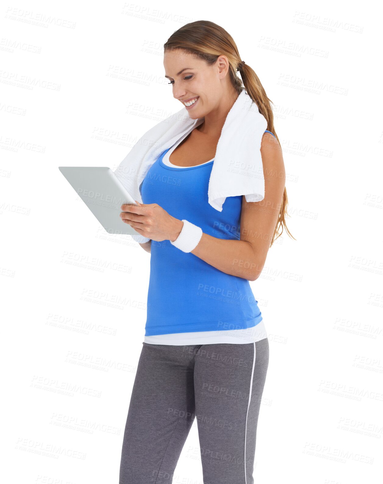 Buy stock photo Tablet, digital fitness and happy woman for health progress, exercise blog and tips or online gym membership. Training, sports workout and person search website isolated on transparent png background