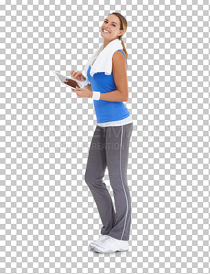 Buy stock photo Fitness, portrait of a woman with tablet for training review and isolated against a transparent png background. Excercise or workout, online sportswear and female athlete pose for health wellness