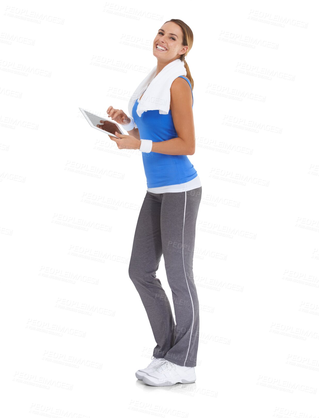 Buy stock photo Fitness, portrait of a woman with tablet for training review and isolated against a transparent png background. Excercise or workout, online sportswear and female athlete pose for health wellness