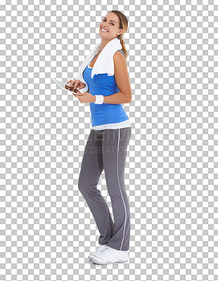 Buy stock photo Tablet, fitness and a woman online for exercise, workout or health app and internet connection. Portrait of female person isolated on transparent, png background with technology for healthy lifestyle
