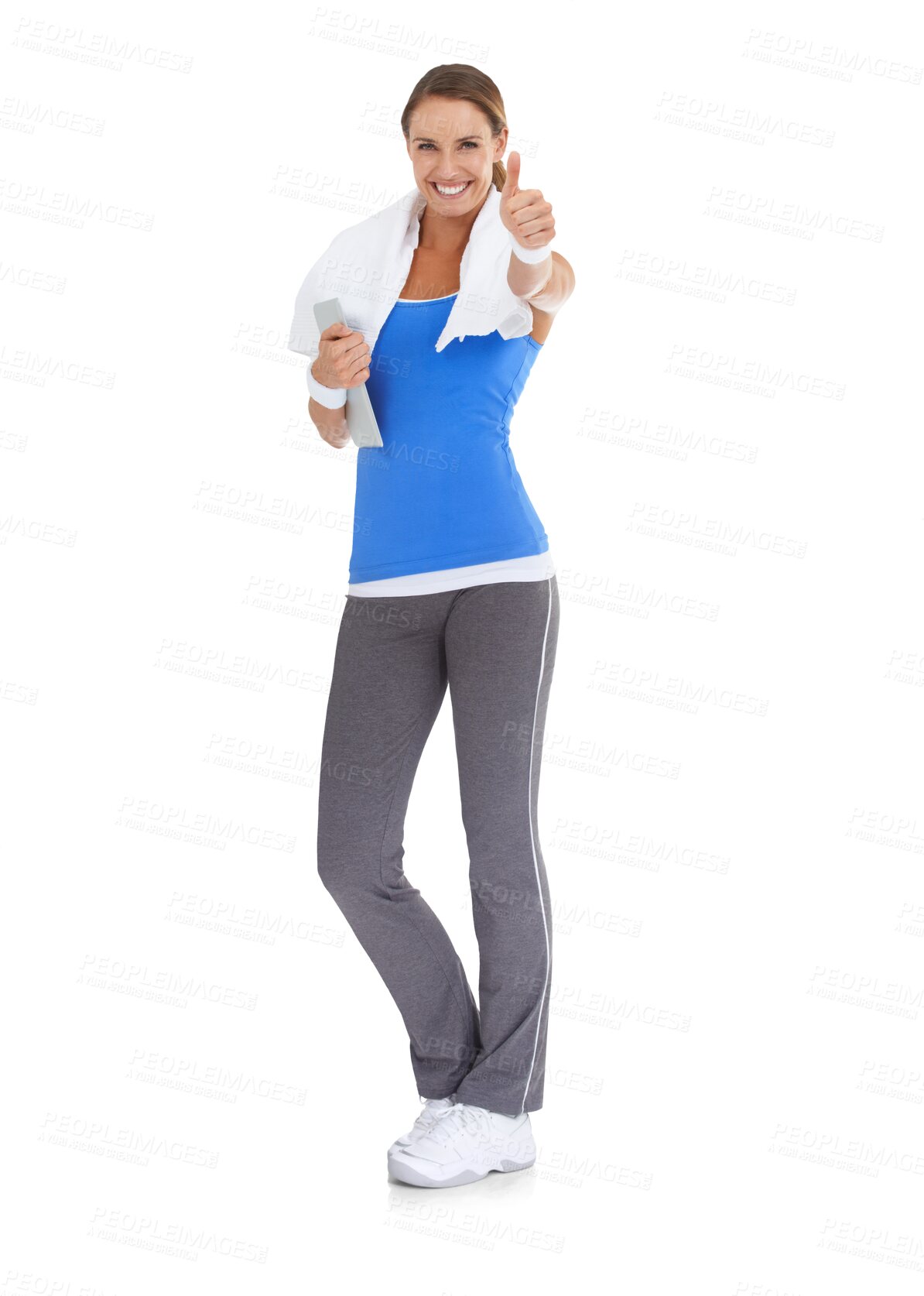 Buy stock photo Portrait, fitness and woman with thumbs up, tablet and smile isolated on a transparent png background. Sports, like hand gesture and technology with emoji for workout goals, training and exercise.
