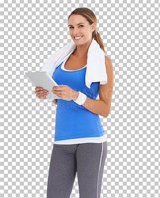 Buy stock photo Fitness, portrait of a woman with tablet and smile isolated against a transparent png background for workout. Exercise or training, sportswear and happy female athlete pose for health wellness on app