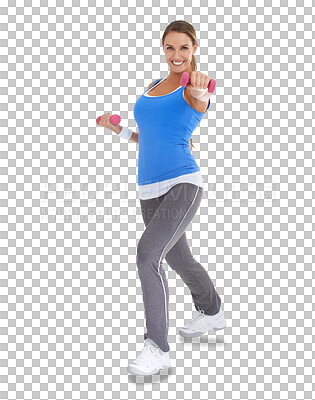 Buy stock photo Portrait, smile and woman with dumbbells for exercise isolated on a transparent png background. Happy, bodybuilder and athlete weightlifting for sports, fitness training or workout for strong muscle.