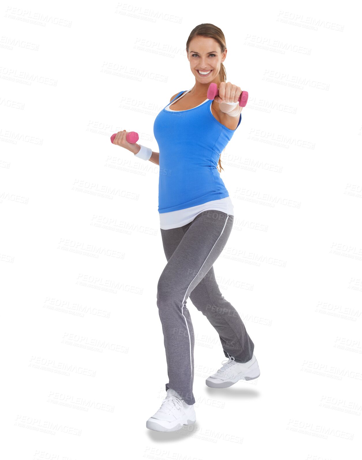 Buy stock photo Portrait, smile and woman with dumbbells for exercise isolated on a transparent png background. Happy, bodybuilder and athlete weightlifting for sports, fitness training or workout for strong muscle.