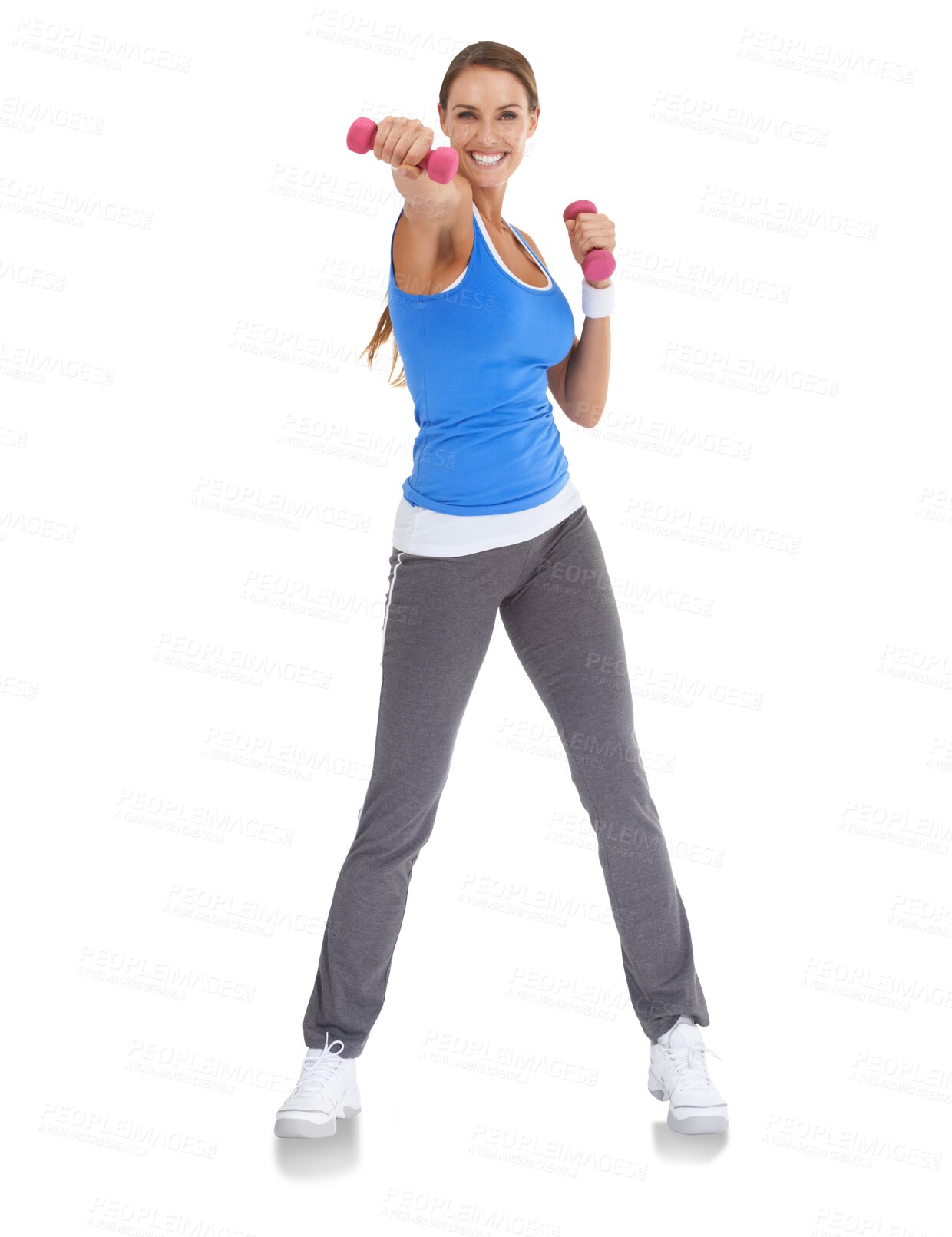 Buy stock photo Happy, portrait and woman with dumbbells for exercise isolated on a transparent png background. Smile, bodybuilder and athlete weightlifting for sports, fitness training or workout for strong muscle.