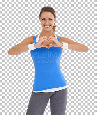 Buy stock photo Fitness, heart shape and portrait of a woman with happiness after a workout or training. Smile, sports and female athlete with love hand gesture after exercise isolated by transparent png background.