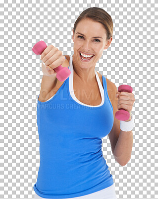 Buy stock photo Fitness, portrait and woman with dumbbell isolated on transparent, png background for body, exercise and gym. Bodybuilder, sports person and excited for workout goals, power and lose weight training